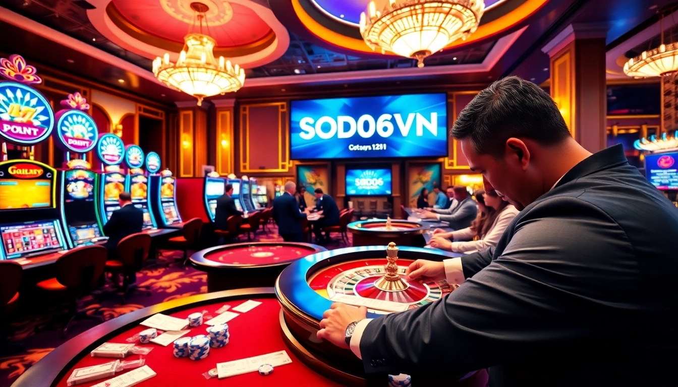 Players enjoying high-stakes action at SODO66VN casino tables with vibrant gaming atmosphere.