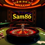 Sam86 online casino featuring exciting table games and slot machines in a luxurious setting.