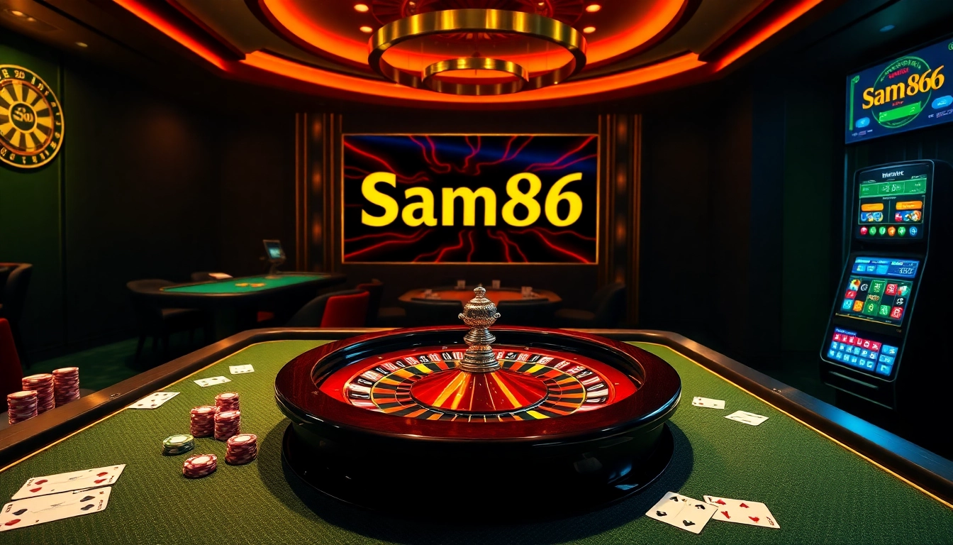 Sam86 online casino featuring exciting table games and slot machines in a luxurious setting.