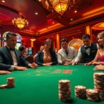 Experience the thrill of SODO casino gaming with poker players strategizing around a vibrant table.