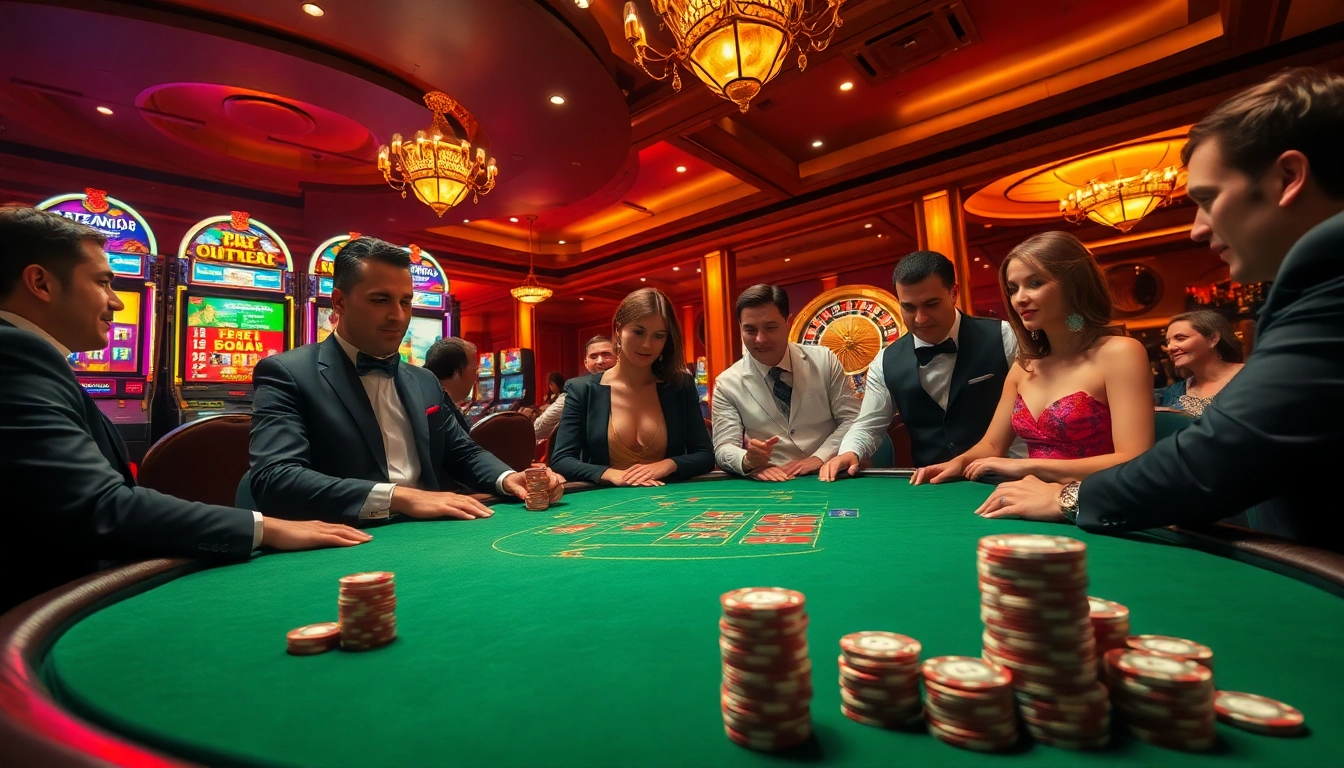 Experience the thrill of SODO casino gaming with poker players strategizing around a vibrant table.