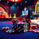 Action-packed casino scene featuring poker and roulette, showcasing http://2haywin.pro/ for thrilling gameplay.