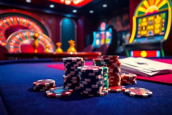 Action-packed casino scene featuring poker and roulette, showcasing http://2haywin.pro/ for thrilling gameplay.