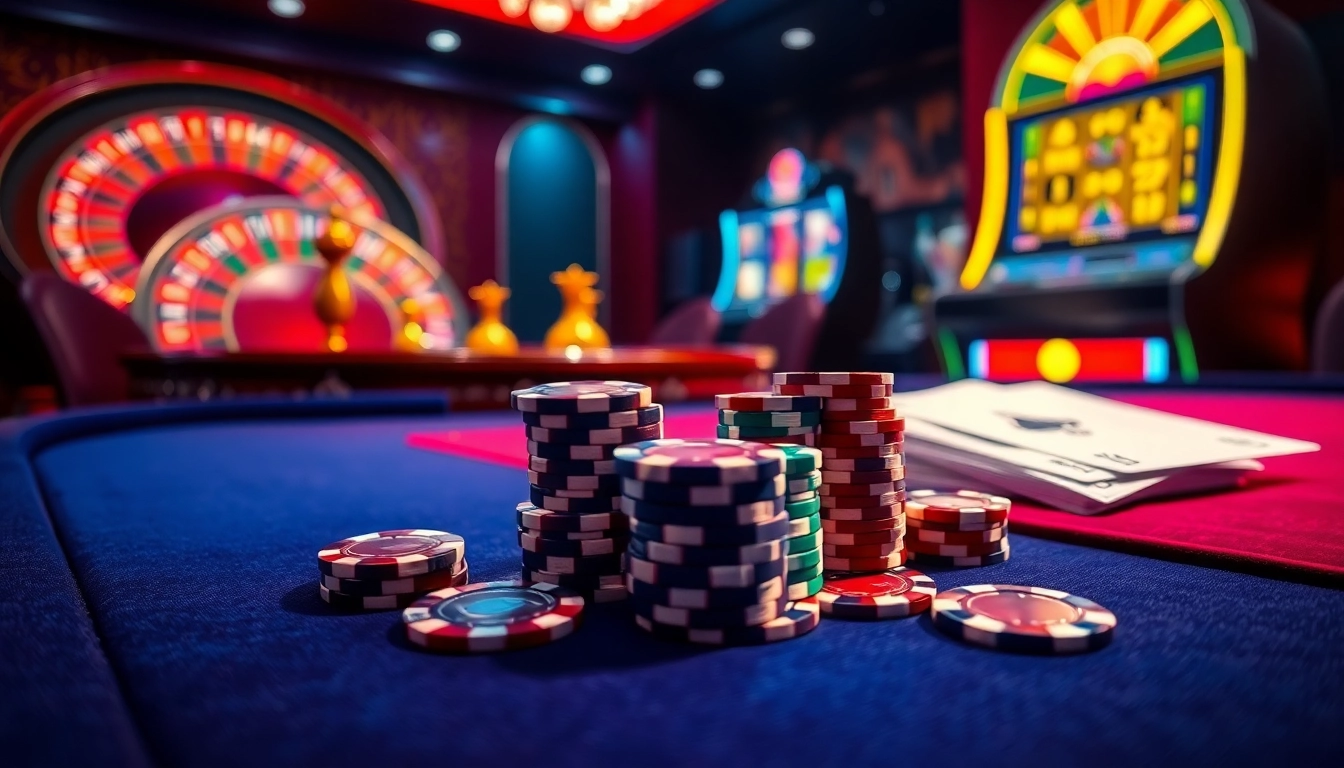 Action-packed casino scene featuring poker and roulette, showcasing http://2haywin.pro/ for thrilling gameplay.