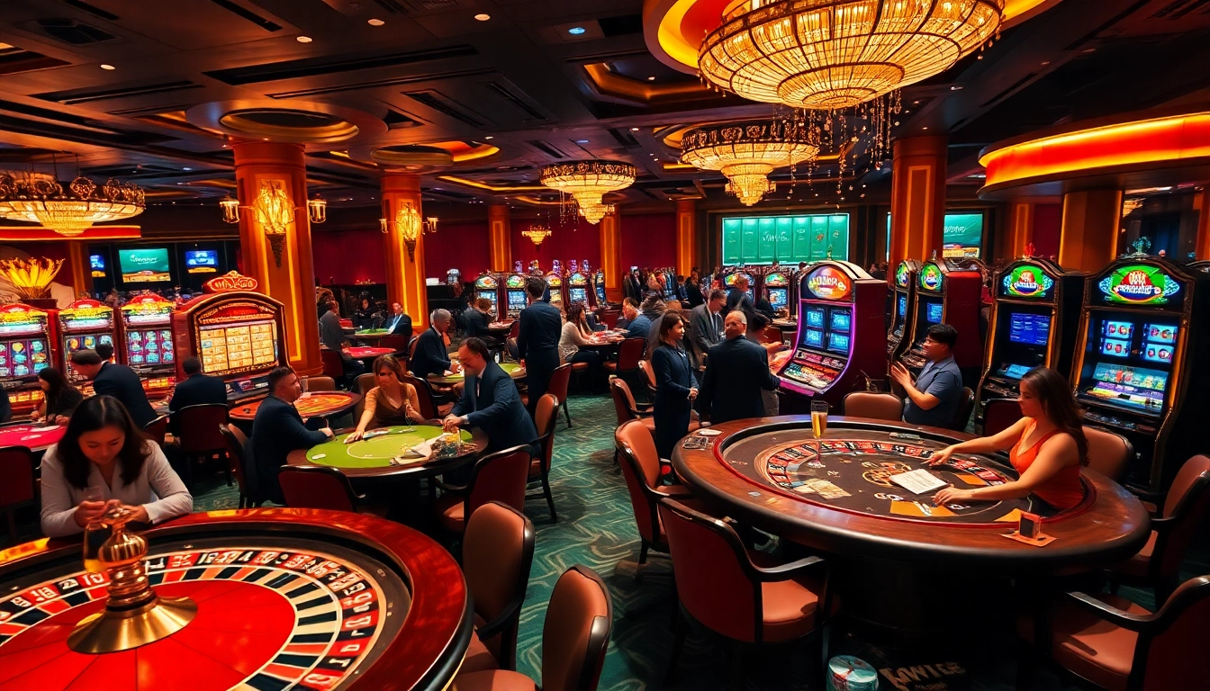 Experience the excitement of mv88 with players at a luxurious casino table and vibrant slot machines.