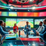 Highlighting the excitement of Sports Broadcasting in a modern studio setup with dynamic commentators.