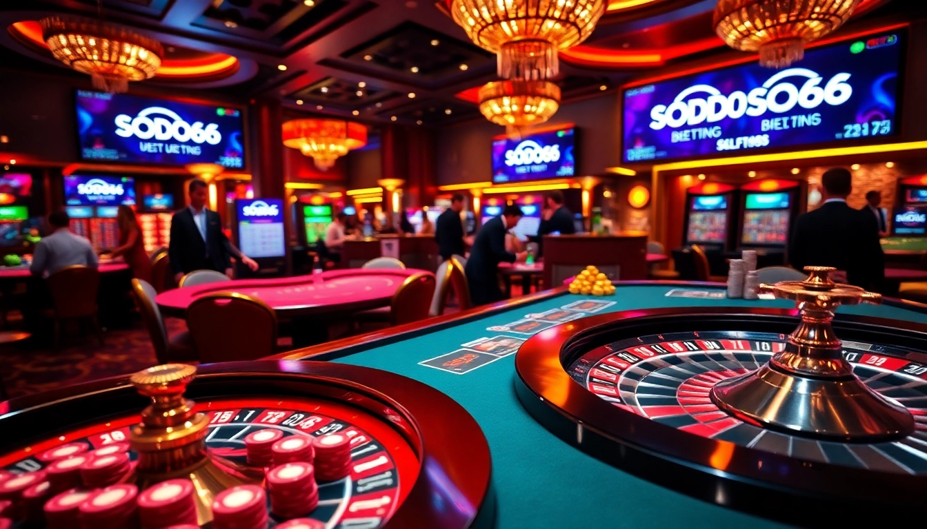 Engaged players enjoying table games at SODO66 casino with vibrant poker chips.