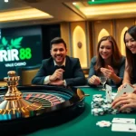 Experience high-stakes gaming with RR 88 at a luxurious casino table, featuring roulette and poker.