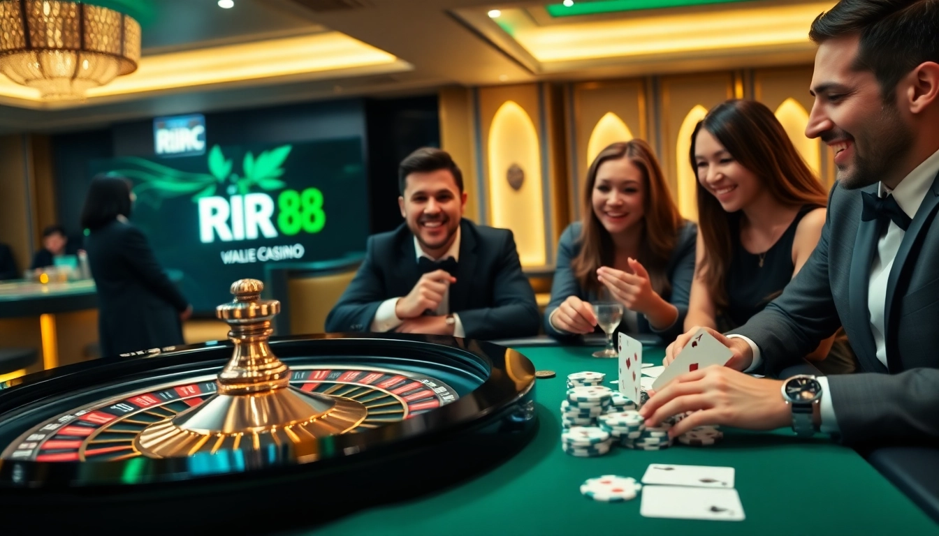 Experience high-stakes gaming with RR 88 at a luxurious casino table, featuring roulette and poker.