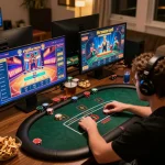 Engaged online gambler at home using multiple screens for gaming action at https://gemwin.pics, showcasing vibrant visuals and snacks.