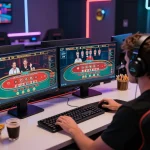 789F player analyzing strategies on multiple screens during an online casino session