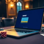 Sbobet login interface displayed on a laptop in a luxurious casino setting with poker chips and cards.
