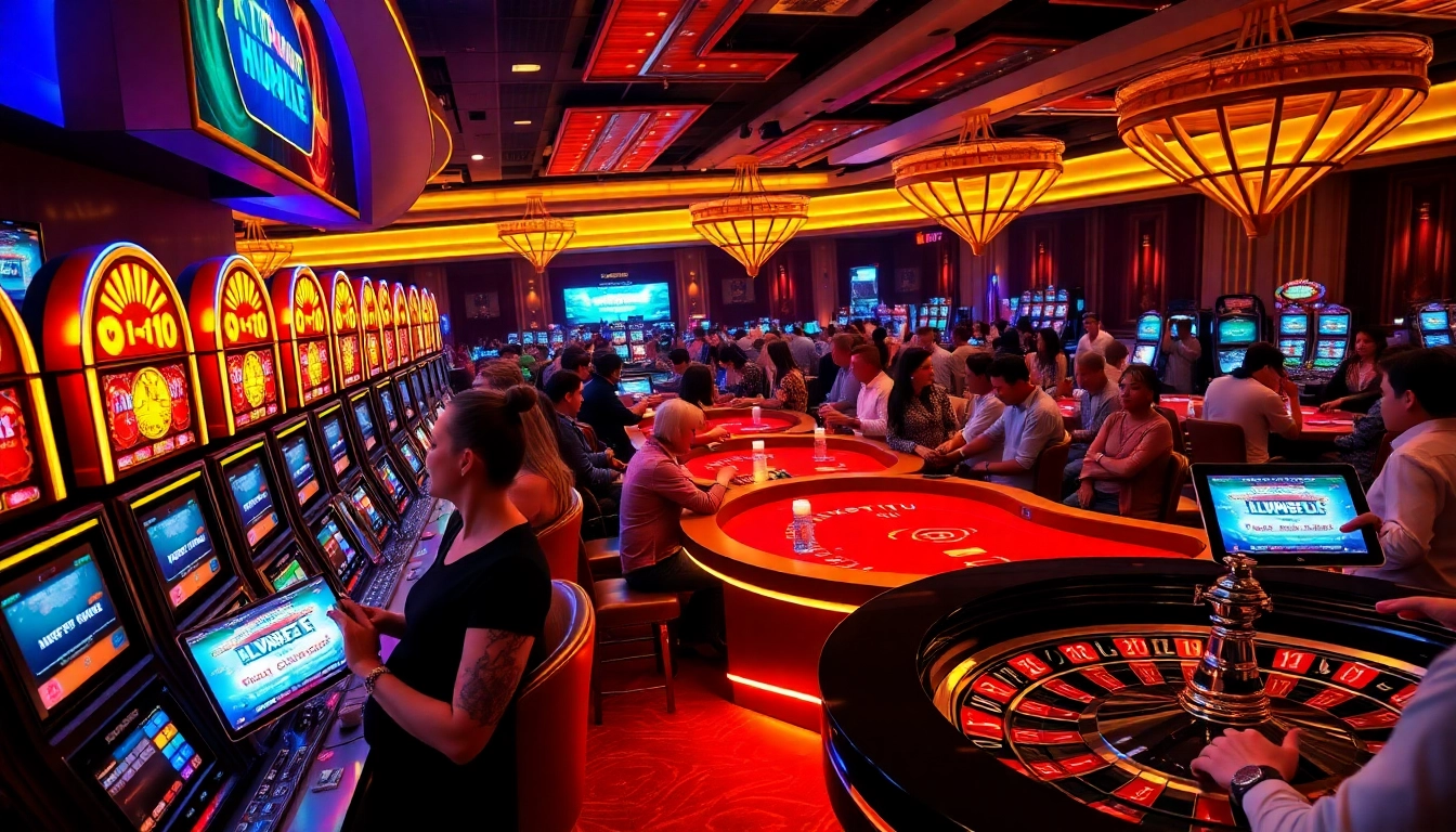 KTPJITU slot players engaging with vibrant neon slot machines and casino tables.