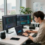 Developer coding with juicy ai in a modern urban workspace, featuring high-tech gadgets and vibrant atmosphere.
