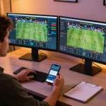 Person engaged in online sports betting, analyzing Ty le keo nha cai odds on dual monitors, with a notebook and smartphone in view