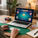 Player engaging in maxpoker88 online poker game from a cozy home workspace, showcasing strategic gameplay elements and a friendly atmosphere.