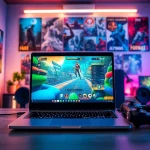 Masuk ke garasislot login dengan laptop dan aksesori gaming di ruang modern.