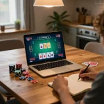 hi88 player strategizing during online blackjack session with laptop and chips