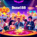 Experience the thrill of Batman138 as players engage with vibrant slot machines in a luxurious casino.