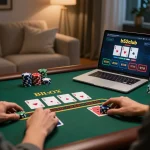 B52club player engaging in an online blackjack game at home with interactive features and cozy atmosphere.