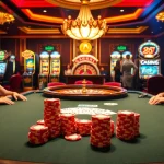 Engaging scene at nhà cái thabet casino featuring poker chips and vibrant slot machines.