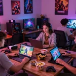 Group of friends enjoying interactive porngames on laptops and tablets in a lively room.