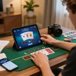 Player enjoying a thrilling game of kp88 live blackjack on tablet in a stylish home office.