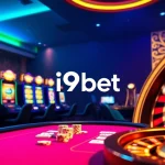 i9bet casino scene with vibrant slot machines, poker table, and roulette wheel.