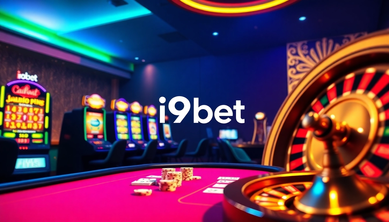 i9bet casino scene with vibrant slot machines, poker table, and roulette wheel.