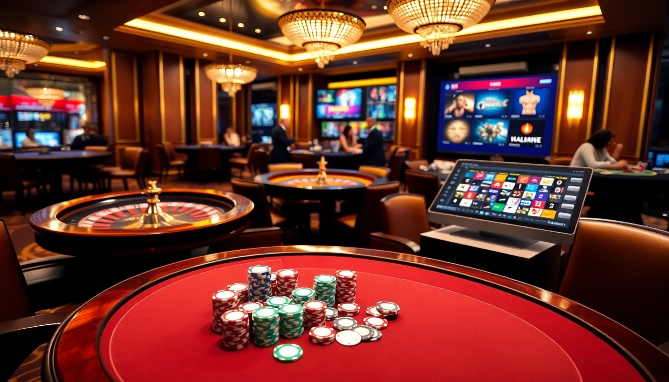 Experience the excitement of gambling at https://fb88.style/ with vibrant poker chips and a roulette wheel.