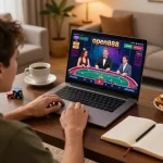 Player engaged in a live dealer game at open888 online casino from home setup with coffee and strategy notes.