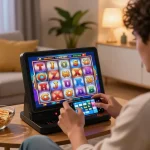 Seorang pemain menikmati permainan slot yang menarik di aman788, menampilkan smartphone dengan gulungan kemenangan dalam suasana rumah yang nyaman.