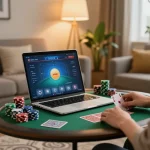Sunwin poker game being played online on a laptop in a cozy living room.