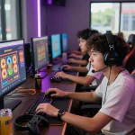 Pengalaman bermain situs slot gacor dengan berbagai pemain yang terlibat dalam slot online berwarna-warni di ruang permainan yang diterangi neon