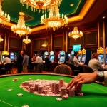 Experience the thrill of rajaluck with players engaged at a vibrant poker table in an elegant casino setting.