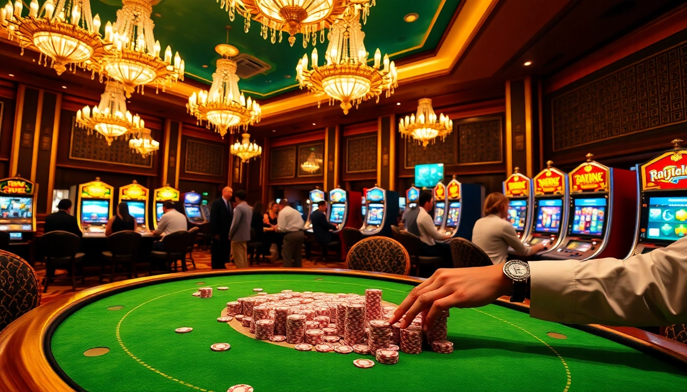Experience the thrill of rajaluck with players engaged at a vibrant poker table in an elegant casino setting.