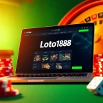 Loto188 online gambling interface surrounded by casino elements like chips and dice.