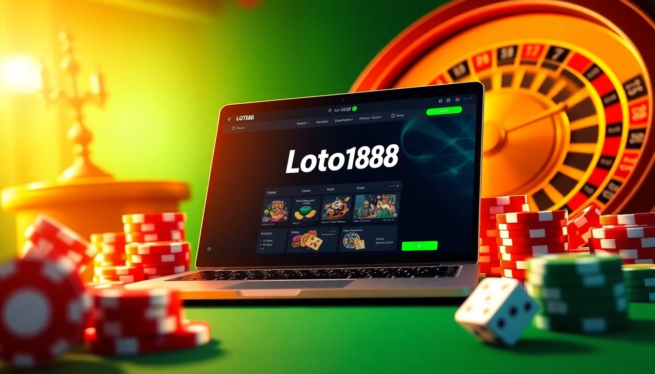 Loto188 online gambling interface surrounded by casino elements like chips and dice.