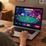 KONG88 poker gameplay on modern laptop, showcasing immersive online gambling experience.