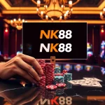Stacking poker chips with NK88 branding on casino table highlighting secure online betting odds