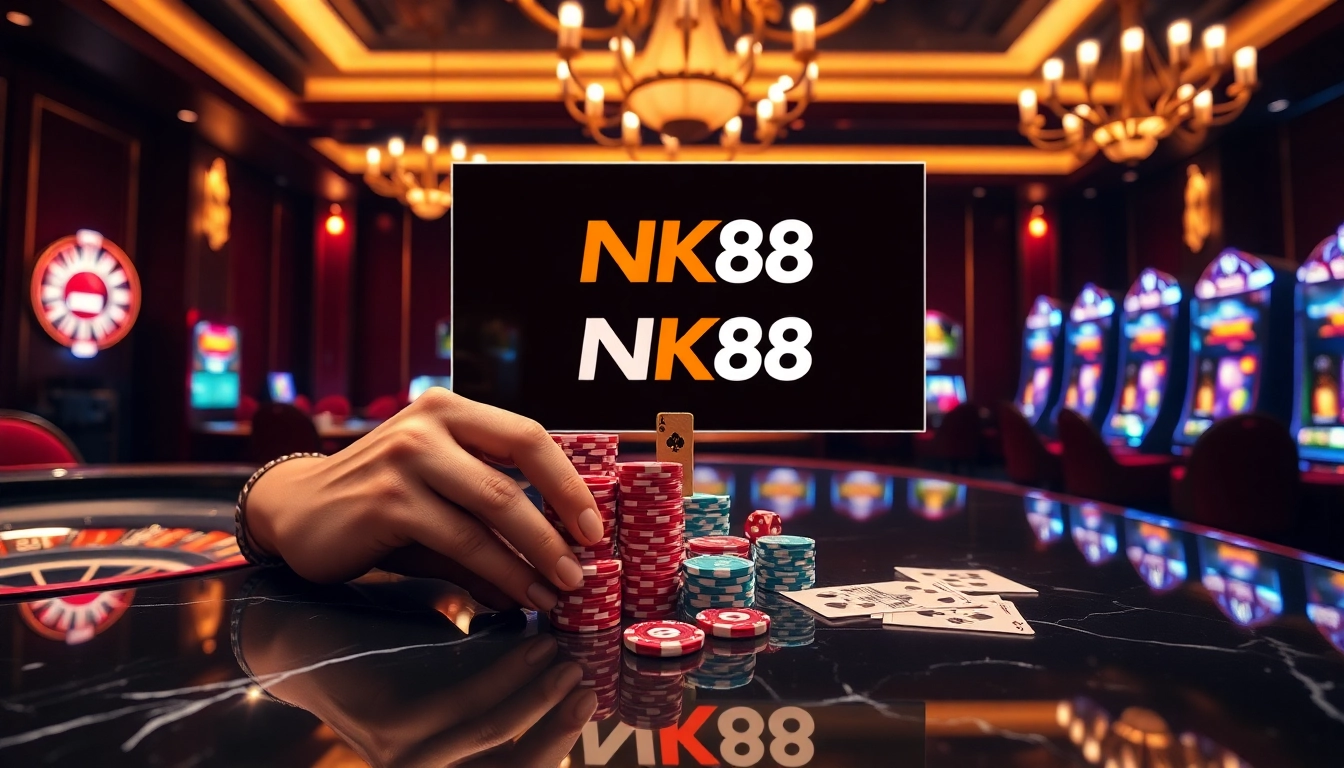 Stacking poker chips with NK88 branding on casino table highlighting secure online betting odds