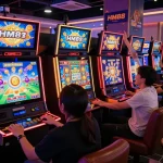 Engaging atmosphere at HM88 slot gaming lounge, vibrant players enjoying dynamic machines.