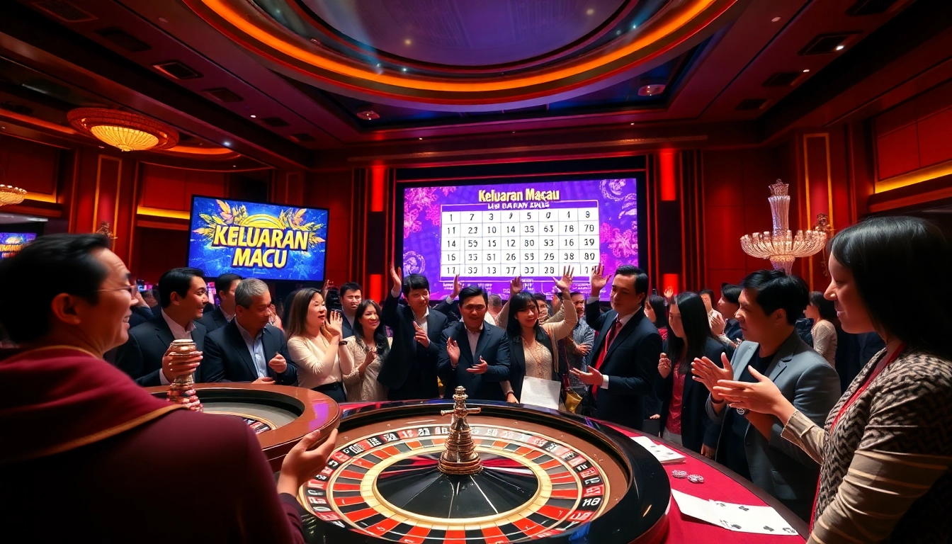 Experience Keluaran Macau live draw excitement with enthusiastic gamblers and casino elements.