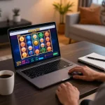 Pemain menikmati permainan slot aman788 di pengaturan game rumah modern dengan layar yang cerah