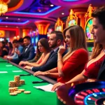 Engaged players enjoying slot demo games at a vibrant casino with luxurious machines.