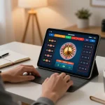 KONG88 player engaged in live dealer roulette on tablet in stylish home office, focusing on gameplay strategy.