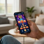 Winning moments using the Jeetbuzz App on a smartphone while relaxing in a cozy living room.