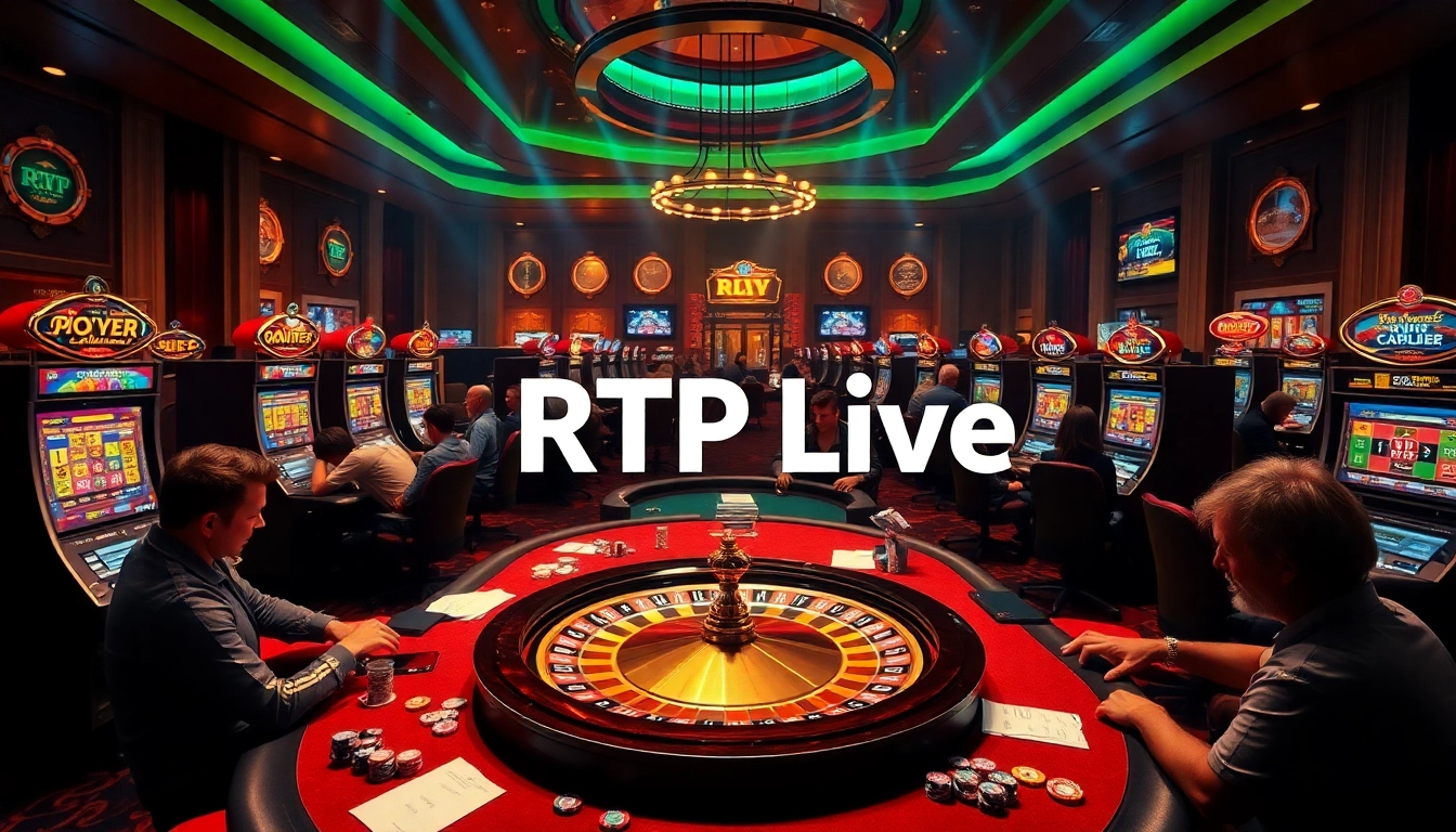 RTP Live data displayed on a thrilling casino scene with players engaged in gambling.