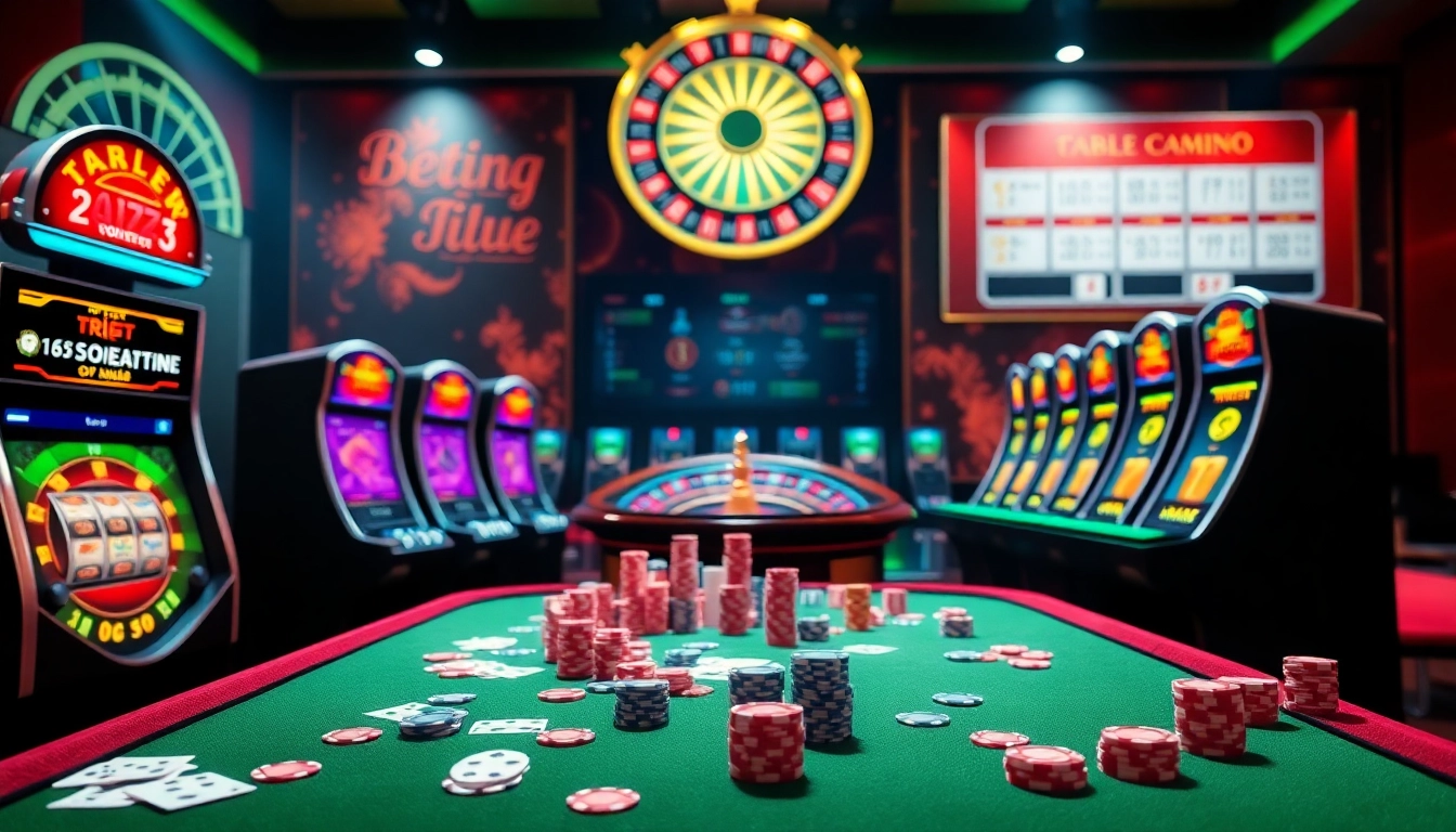 Exciting action at nhà cái rr88 with vibrant casino elements including tables, cards, and slot machines.