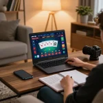 Person engaged in online gaming session at https://www.dacsandatphanrang.com/ using tablet for casino betting strategy with poker game interface visible.